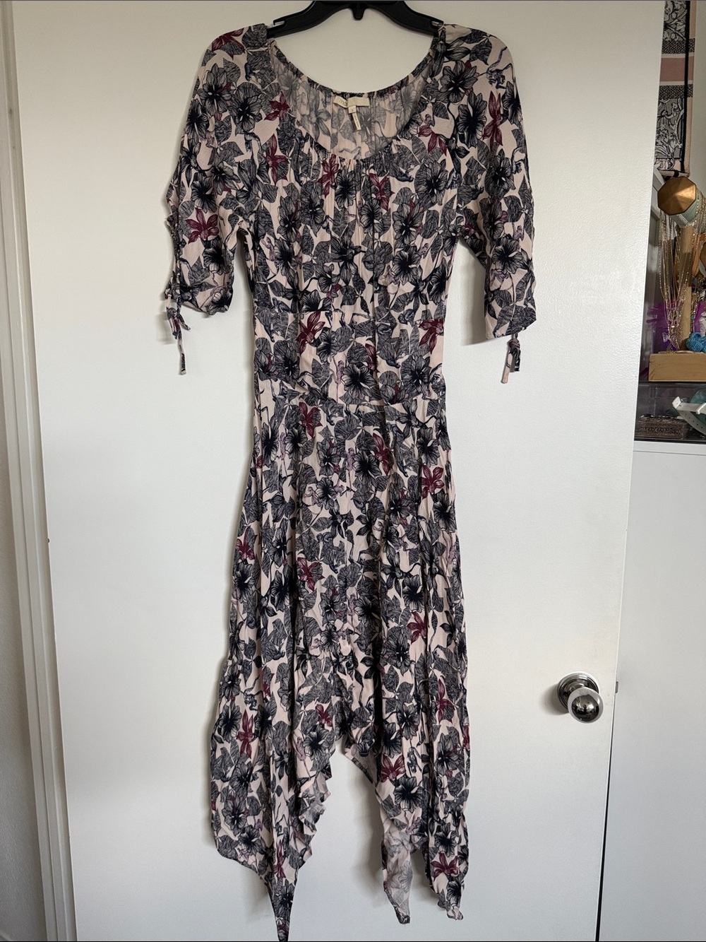 Maje Floral Asymmetrical Midi Dress in Blush Pink and Black